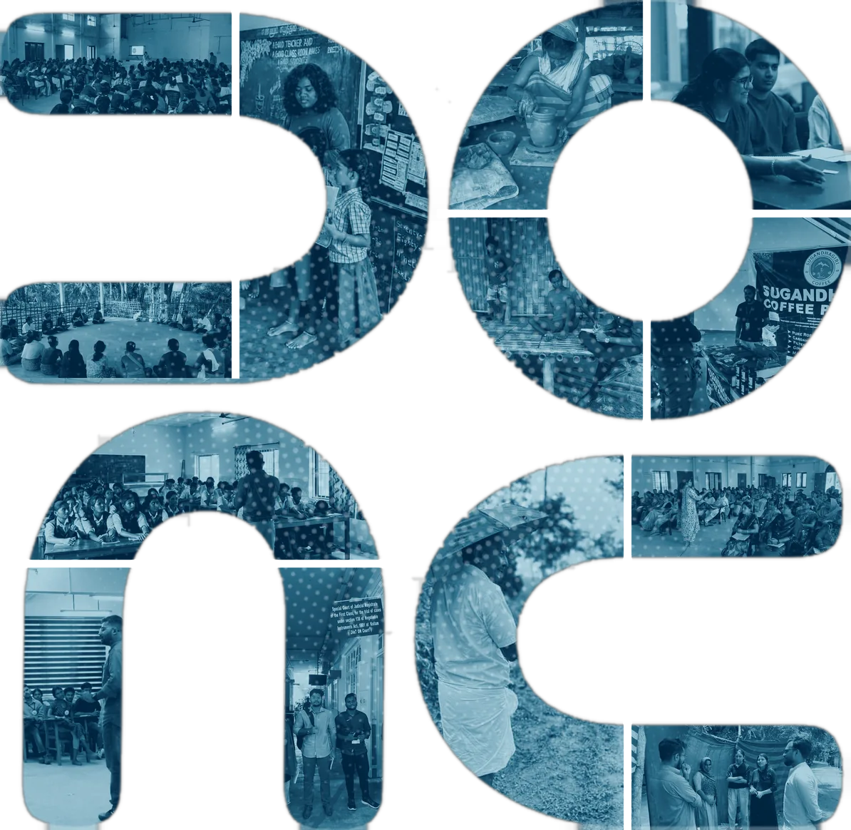 The NPoC logo mark as a mosaic of thirteen photos of our work: classrooms, workshops, field visits, a potter, a coffee farmer and a community meeting