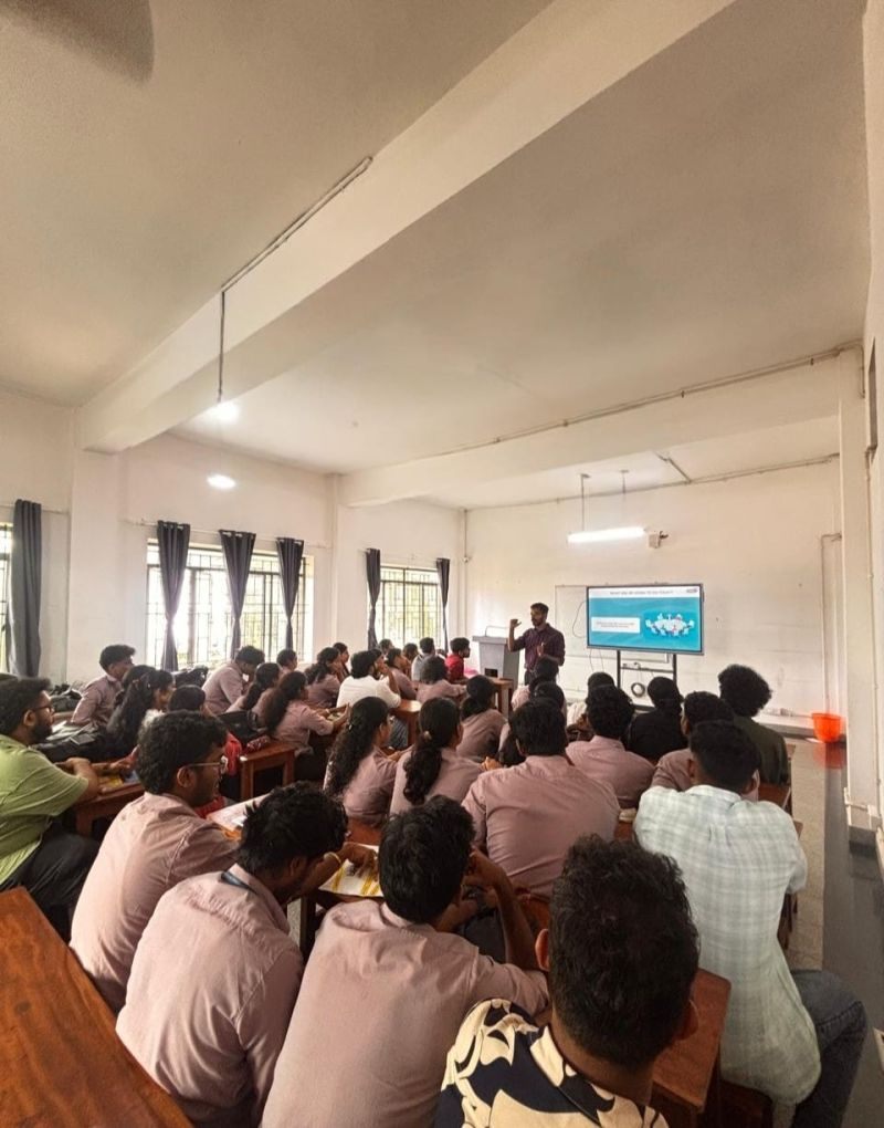 About 50 students at Bharata Mata College following the workshop in their classroom