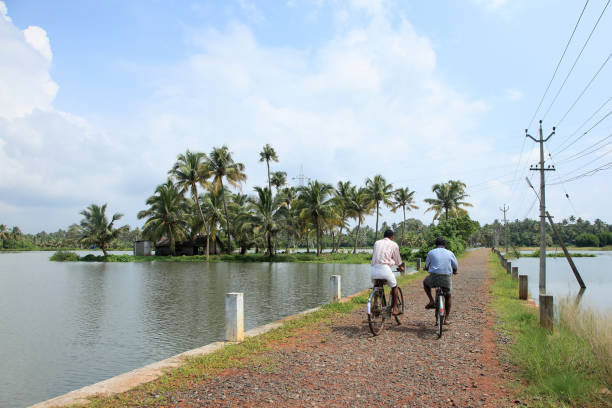 Two people cycle along a path between backwaters in rural Ernakulam